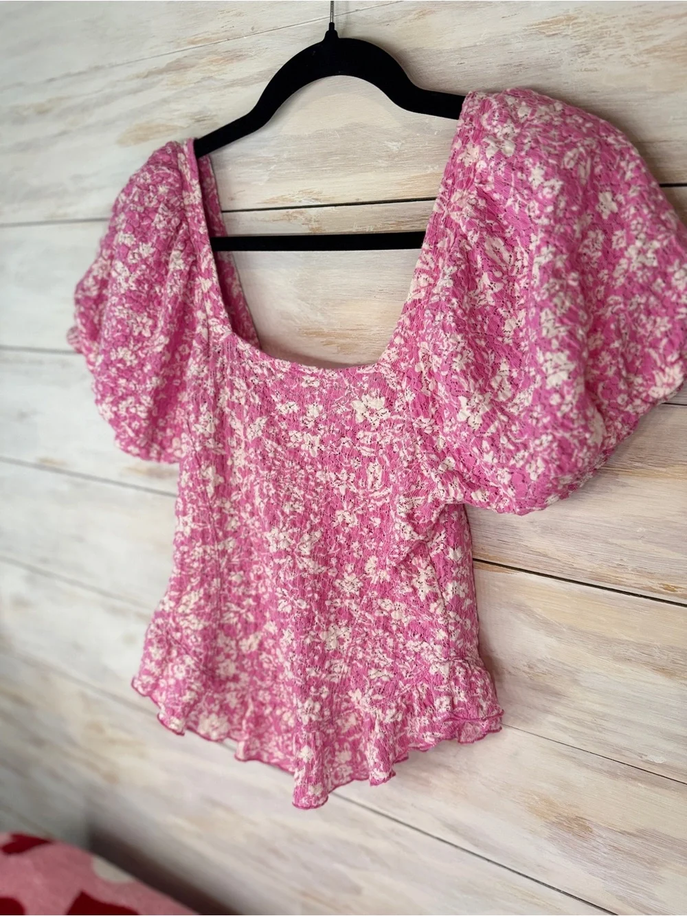Free People Women's XS Pink Floral Lace Oh Baby Puff Sleeve Corset Peplum Top